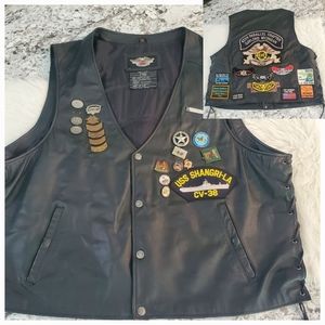 3x Harley Davidson vintage black leather vest with patches and pins HOG